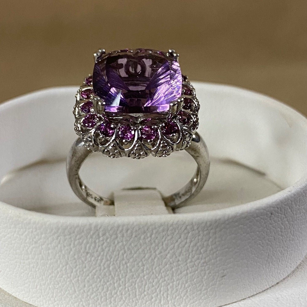 Cushion Purple Fluorite & Rhodolite Garnet‎ Sterling Silver 925 Ring Halo Sz 9 - Picture 2 of 9